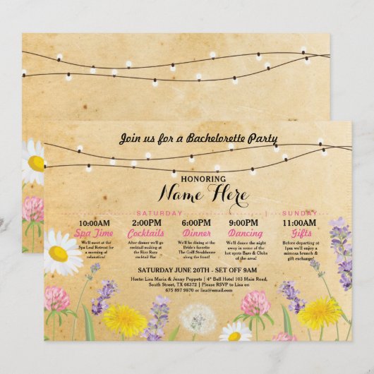 vrijgezellenfeest Itinerary Bachelorette Wilde Flo Kaart (Voorkant / Achterkant)