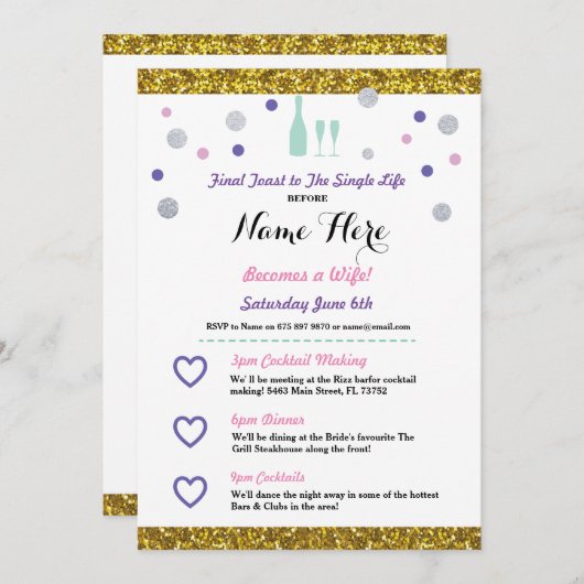 vrijgezellenfeest Itinerary Champagne Invitation Kaart (Voorkant / Achterkant)