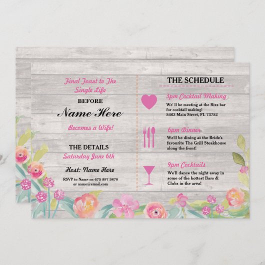 vrijgezellenfeest Itinerary Rustic Dinner Bachelor Programmakaart (Voorkant / Achterkant)