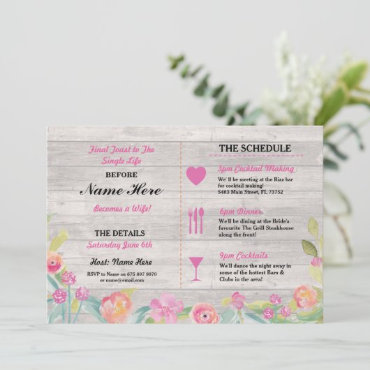 vrijgezellenfeest Itinerary Rustic Dinner Bachelor Programmakaart (Staand voorkant)
