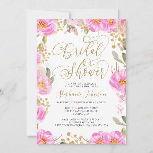 Vrijgezellenfeest Kalligrafie Roze en Gouden Bloem Kaart (Voorkant)