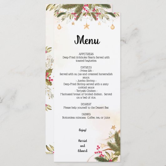 Vrijgezellenfeest kerstbruiloft menu (Voorkant / Achterkant)