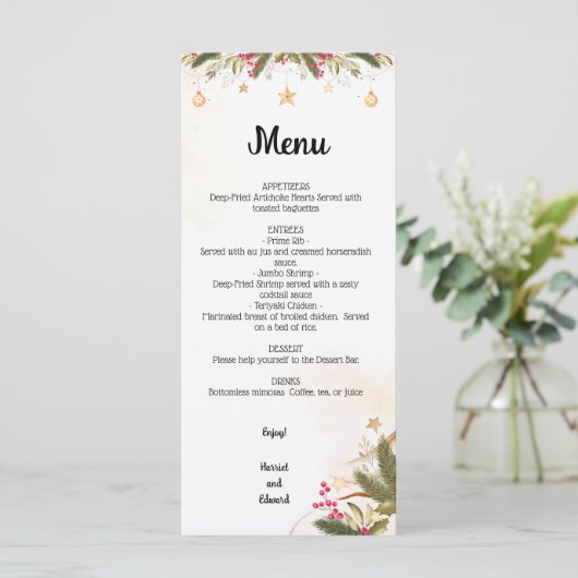 Vrijgezellenfeest kerstbruiloft menu (Staand voorkant)