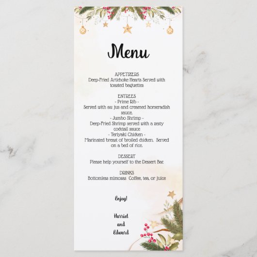 Vrijgezellenfeest kerstbruiloft menu (Voorkant)