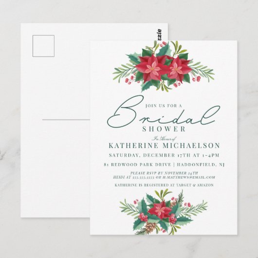 VRIJGEZELLENFEEST | Kerstpasta Poinsettia Floral Briefkaart (Voorkant / Achterkant)