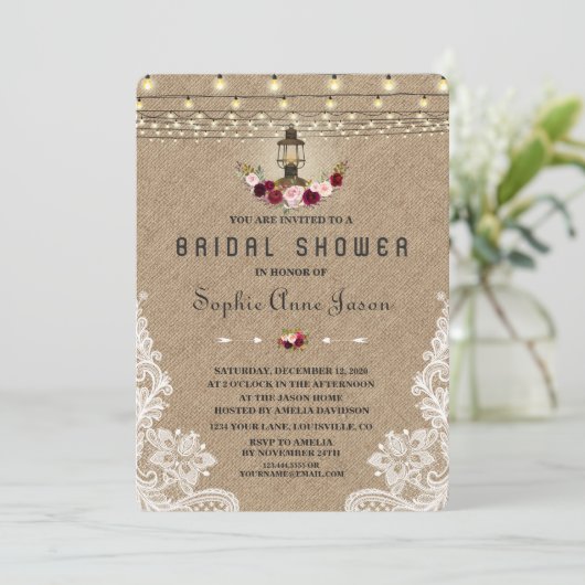 Vrijgezellenfeest  Lace Burlap String Lights Kaart (Staand voorkant)