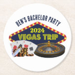 vrijgezellenfeest Las Vegas Trip Casino Ronde Kartonnen Onderzetter<br><div class="desc">Personaliseer je eigen vrijgezellenfeest onderzetters voor een Las Vegas uitje. Een cool gepersonaliseerd onderzetter met gokcasinonietjes zoals een kaartspel,  pokerchips en roulettewiel met Vegas Trip in geel script. Leuk gokker ontwerp voor uw groomsmen en beste man.</div>