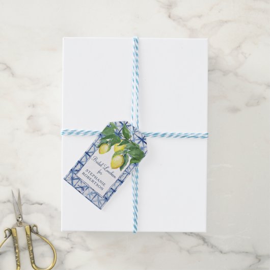 Vrijgezellenfeest Lemon Thema w Shibori Blue Art Cadeaulabel (Met Touw)