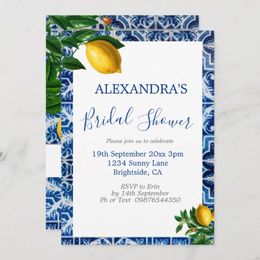 Vrijgezellenfeest Lemons Blue White Tuscan Tile Kaart (Voorkant / Achterkant)
