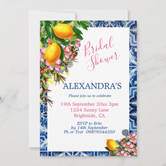 Vrijgezellenfeest Lemons Floral Blue White Tile Kaart (Voorkant)