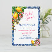 Vrijgezellenfeest Lemons Floral Blue White Tile Kaart (Staand voorkant)