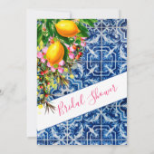 Vrijgezellenfeest Lemons Floral Blue White Tile Kaart (Achterkant)