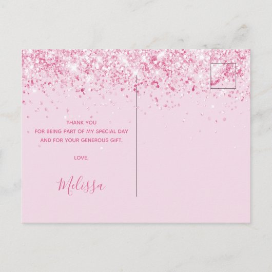 Vrijgezellenfeest lichtroze glitter bedankt briefkaart (Achterkant)