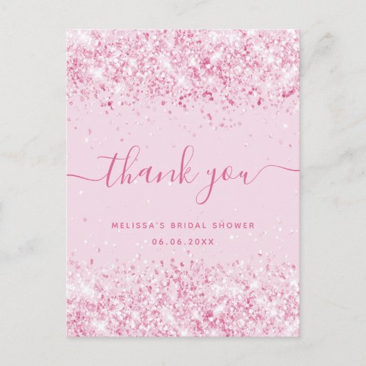 Vrijgezellenfeest lichtroze glitter bedankt briefkaart (Voorkant)