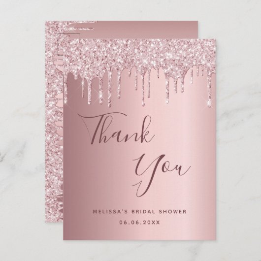 Vrijgezellenfeest lichtroze glitter bedankt briefkaart (Voorkant / Achterkant)