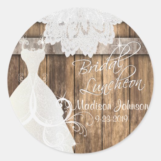 Vrijgezellenfeest Luncheon - Rustic Wood en Lace Ronde Sticker (Voorkant)