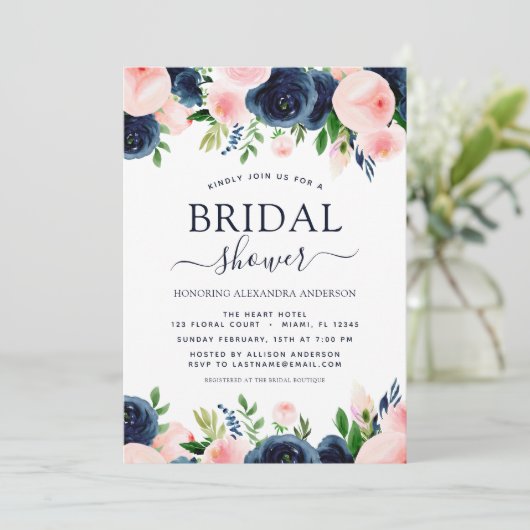 Vrijgezellenfeest marineblauw blush roze bloemig kaart (Staand voorkant)