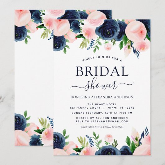 Vrijgezellenfeest marineblauw blush roze bloemig kaart (Voorkant / Achterkant)