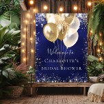 Vrijgezellenfeest - marineblauw goudballonnen welk poster<br><div class="desc">Een welkom poster voor een glamoureus Vrijgezellenfeest. Een blauwe achtergrond voor de marine met elegant faux goud en zilveren glitter sparkles en gouden ballonnen. De blauwe kleur is ongelijk. Pas een naam aan en voeg deze toe. Witte letters. Achterzijde: geen ontwerp</div>