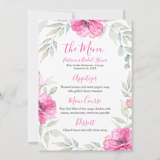 Vrijgezellenfeest Menu Hot Pink Floral Waterverf Kaart (Voorkant)