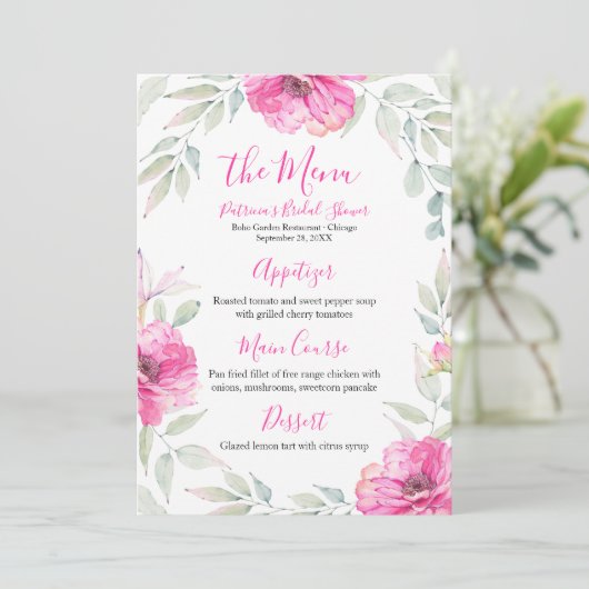 Vrijgezellenfeest Menu Hot Pink Floral Waterverf Kaart (Staand voorkant)