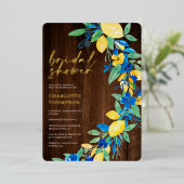 Vrijgezellenfeest met blauw floreel houtflessenscr folie uitnodiging (Staand Voorkant)