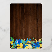 Vrijgezellenfeest met blauw floreel houtflessenscr folie uitnodiging (Achterkant)