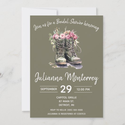 Vrijgezellenfeest met militair thema, laarzen, blo kaart (Voorkant)