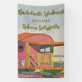 Vrijgezellenfeest met roze badmeester toren spandoek