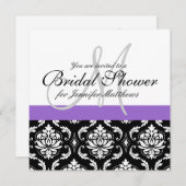 vrijgezellenfeest Monogram Damask Invitation Paars Kaart (Voorkant / Achterkant)
