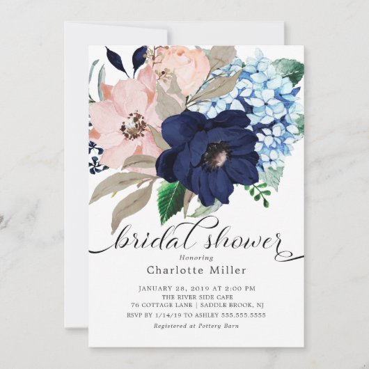 Vrijgezellenfeest Navy Blue en Blush Flowers Kaart (Voorkant)