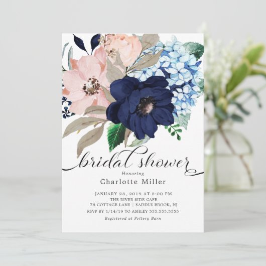 Vrijgezellenfeest Navy Blue en Blush Flowers Kaart (Staand voorkant)