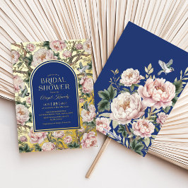 Vrijgezellenfeest Navy Blue Gold Chinoiserie Flowe Folie Uitnodiging
