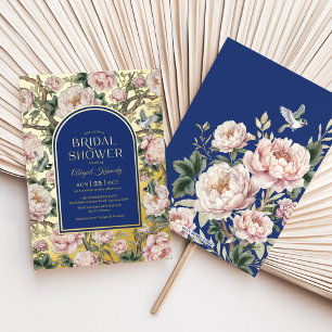Vrijgezellenfeest Navy Blue Gold Chinoiserie Flowe Folie Uitnodiging