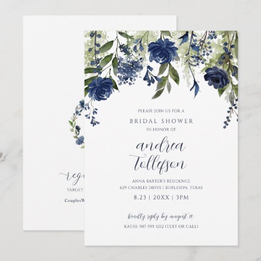 Vrijgezellenfeest Navy Blue Wildflower Kaart (Voorkant / Achterkant)