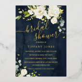 Vrijgezellenfeest Navy Champagne Floral Gold Folie Uitnodiging (Voorkant)