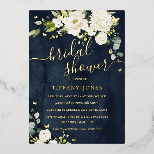 Vrijgezellenfeest Navy Champagne Floral Gold Folie Uitnodiging (Voorkant)