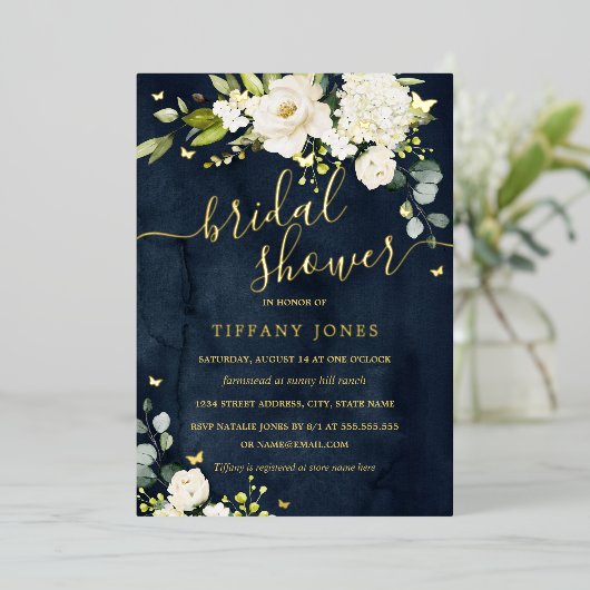 Vrijgezellenfeest Navy Champagne Floral Gold Folie Uitnodiging (Staand Voorkant)