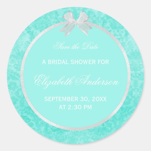 Vrijgezellenfeest Opslaan Datum Aqua Damask White Ronde Sticker (Voorkant)