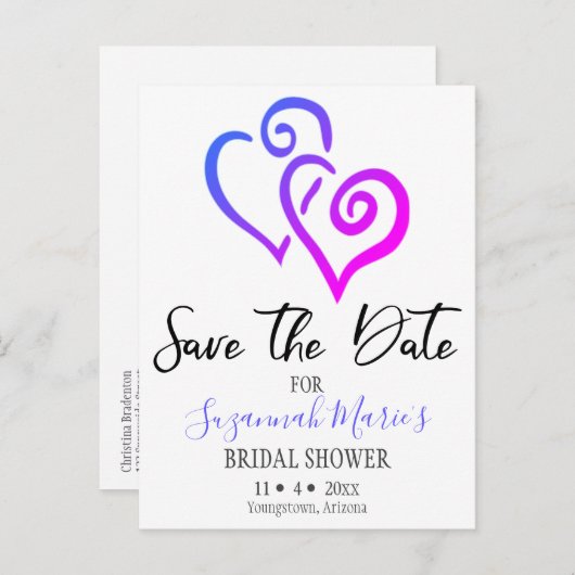 Vrijgezellenfeest Opslaan Datum roze blauwe harten Aankondigingskaart (Voorkant / Achterkant)