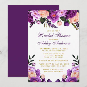 Vrijgezellenfeest Paars Violet Floral Gold Invite Kaart