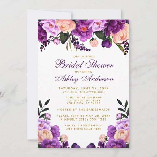 Vrijgezellenfeest Paars Violet Floral Gold Invite Kaart (Voorkant)