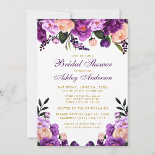 Vrijgezellenfeest Paars Violet Floral Gold Invite Kaart