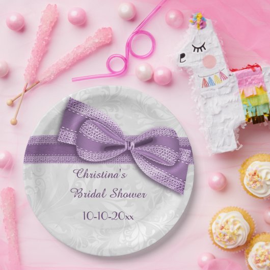 vrijgezellenfeest Paarse Damask en Faux Bow Papieren Bordje (Feest)