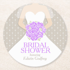 vrijgezellenfeest paarse witte jurk aangepast onde ronde kartonnen onderzetter