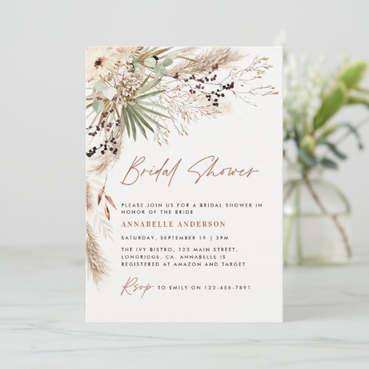 Vrijgezellenfeest pampas modern boho elegant kaart (Staand voorkant)