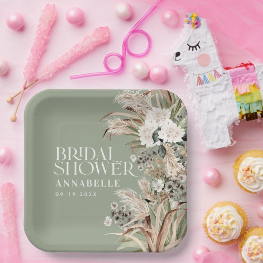 Vrijgezellenfeest pampas modern elegant sage green papieren bordje (Feest)