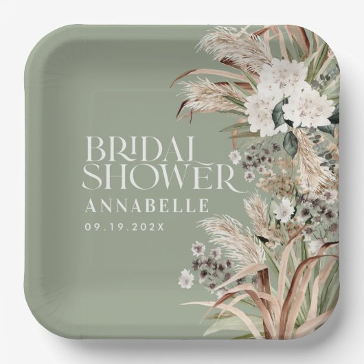 Vrijgezellenfeest pampas modern elegant sage green papieren bordje (Voorkant)