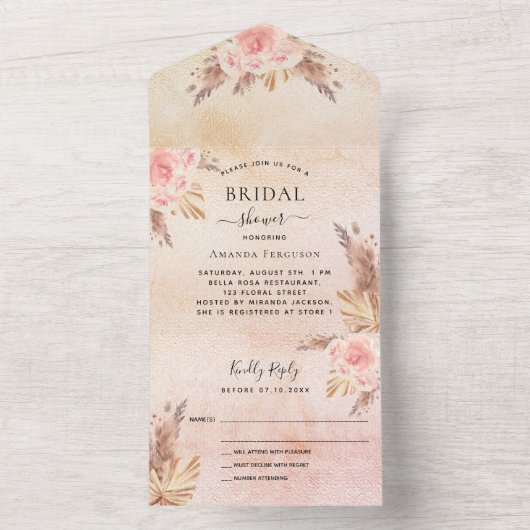 Vrijgezellenfeest pampas roos goudbloem RSVP All In One Uitnodiging (Binnen)