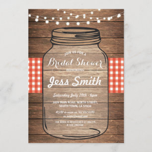 vrijgezellenfeest Party Red Gingham Jar Wood Invit Kaart